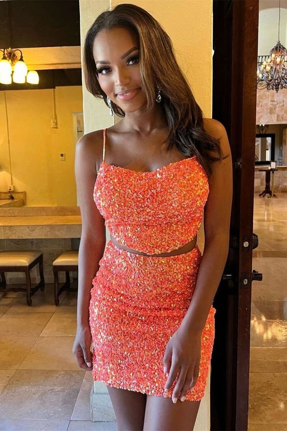 Black Girl Two Pieces Orange Sequins Homecoming Dress