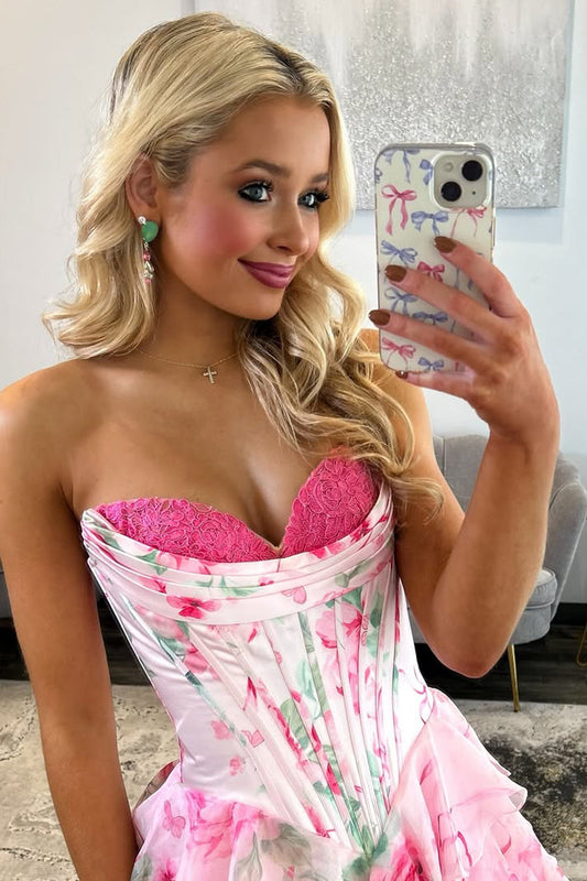 A Line Sweetheart Pink Floral Chiffon Prom Dress with Appliques