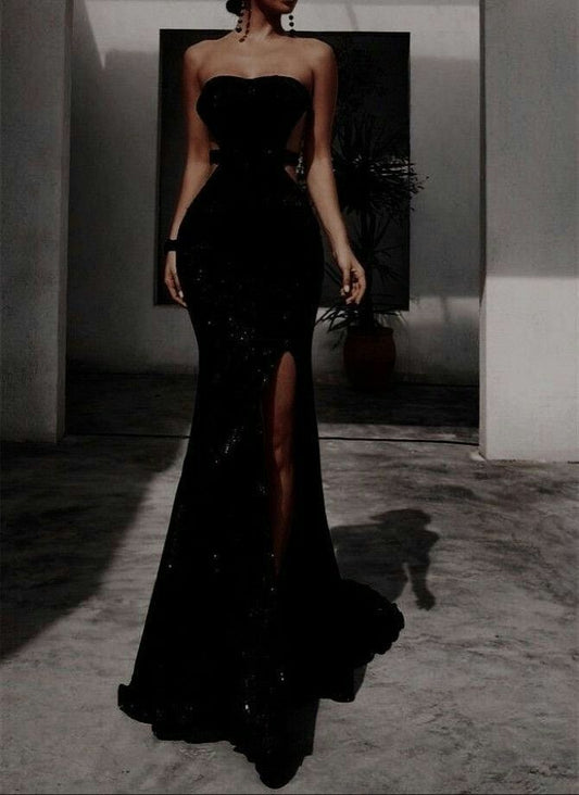 LTP1809,Black Sleeveless Mermaid Sequin Long Prom Dresses With Slit