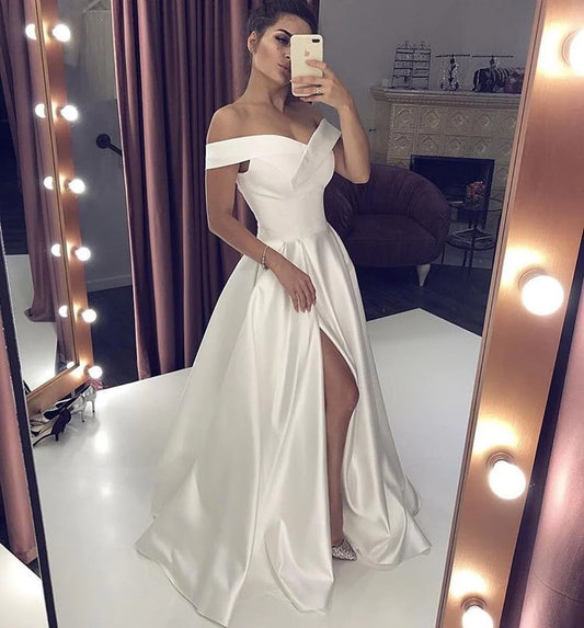 New Arrival White Satin Off The Shoulder Cheap Wedding Dresses 2023 Hot Sale
