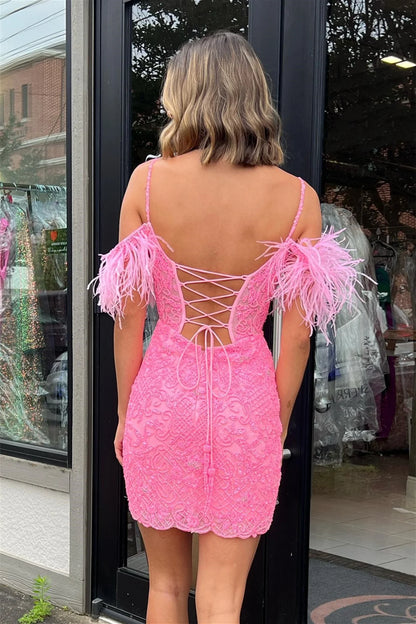 Spaghetti Straps Pink Lace Homecoming Dresses With Detachable Feather Shoulder