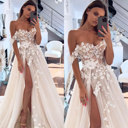 Vintage Lace Wedding Dress Off-Shoulder Appliques Bridal Dress