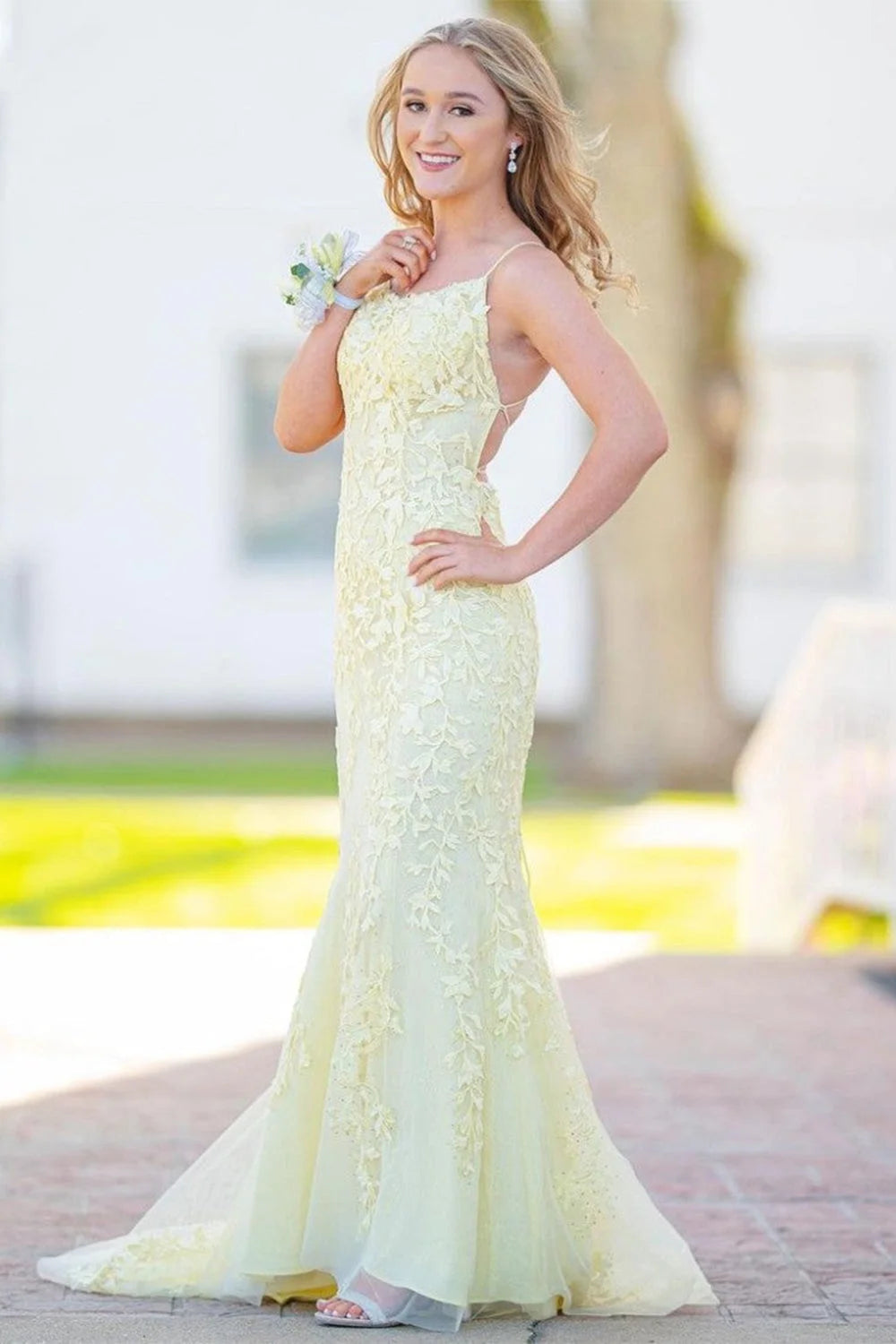 Pastel Yellow Mermaid Lace Evening Prom Dress