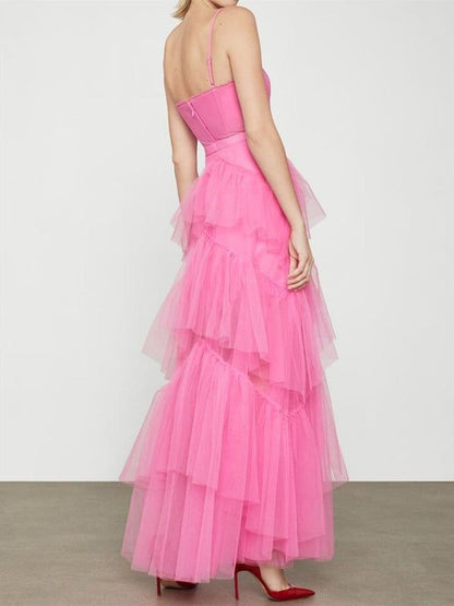 LTP1782,Elegant Open Back Layered Hot Pink Tulle Long Prom Dresses, Hot Pink Tulle Formal Graduation Evening Dresses