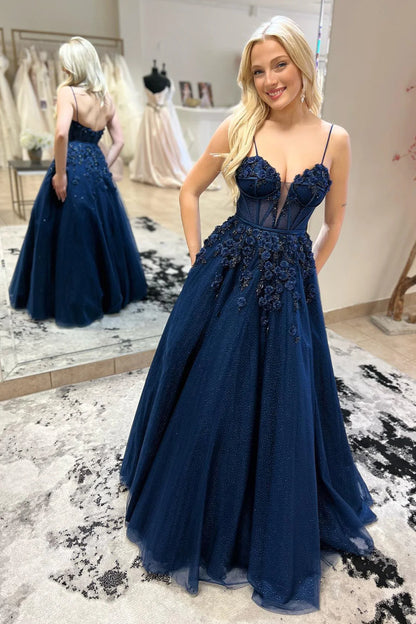 Navy Blue Spaghetti Straps A-Line Floral Sequined Tulle Prom Dress