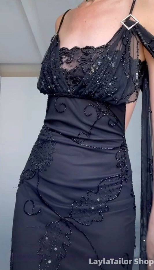Luxury Beaded Black Lace Prom Dresses Long Homecoming Formal Dress