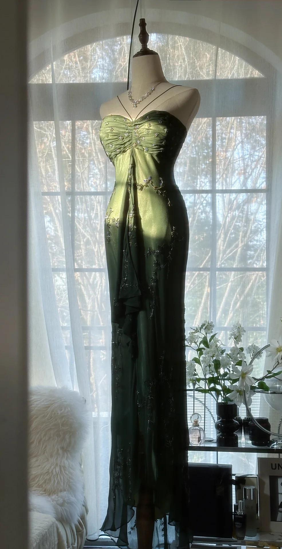 Vintage Forest Green Spaghetti Straps Long Prom Dresses Glitter Chiffon Beaded Elegant Party Dresses