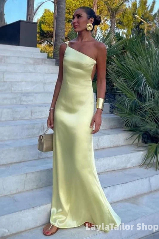 Classic One Shoulder Pastel Yellow Sheath Long Prom Dress Evening Gown With Open Back