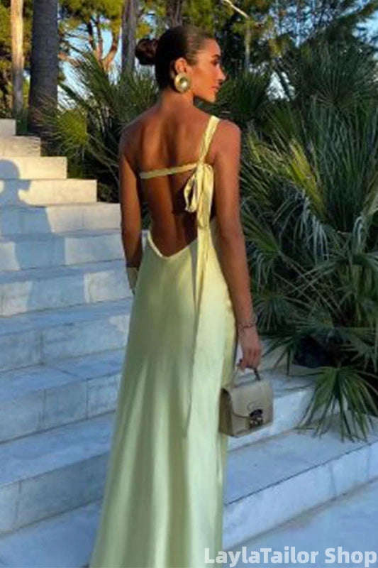 Classic One Shoulder Pastel Yellow Sheath Long Prom Dress Evening Gown With Open Back