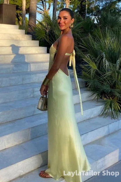 Classic One Shoulder Pastel Yellow Sheath Long Prom Dress Evening Gown With Open Back