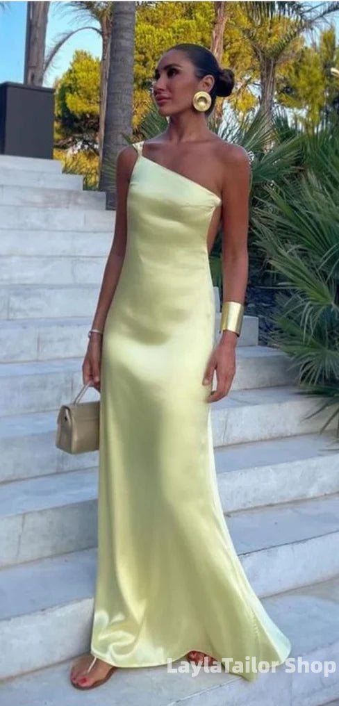 Classic One Shoulder Pastel Yellow Sheath Long Prom Dress Evening Gown With Open Back