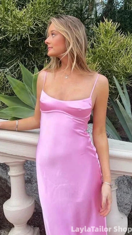 Spaghetti Straps Pink Sheath Long Prom Dress Evening Formal Dresses