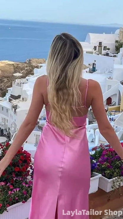 Spaghetti Straps Pink Sheath Long Prom Dress Evening Formal Dresses