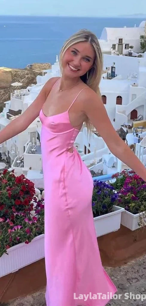 Spaghetti Straps Pink Sheath Long Prom Dress Evening Formal Dresses