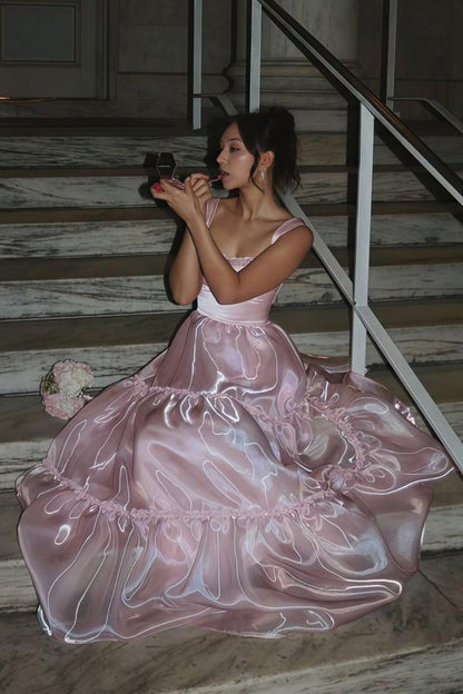 Princess A Line Spaghetti Straps Pink Long Prom Dress with Lace Ruffles