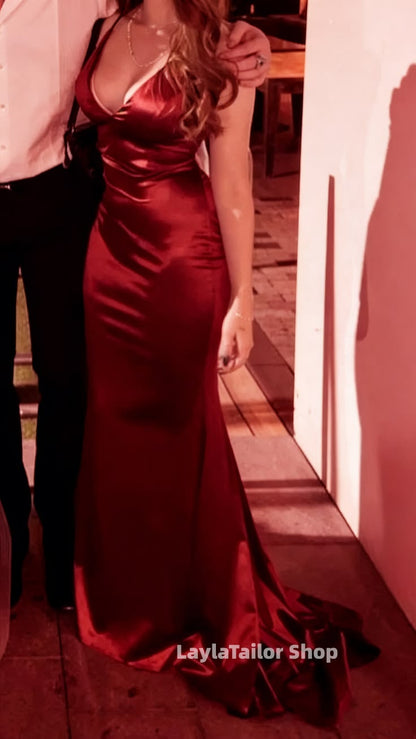 Chic Halter Mermaid Prom Dresses Long Satin V-Neck Evening Formal Dress,LTP4502