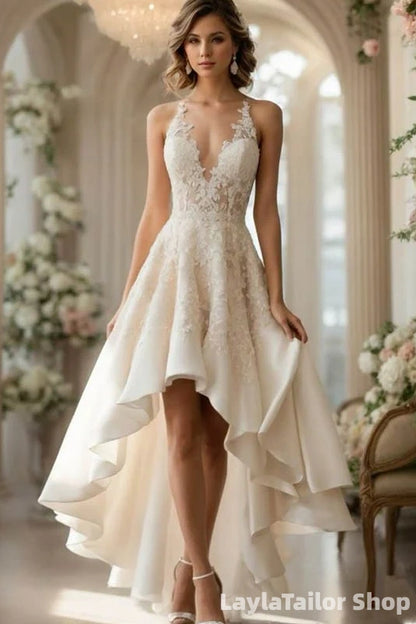 Elegant Ivory V-neck A-line High-Low Lace Wedding Dress