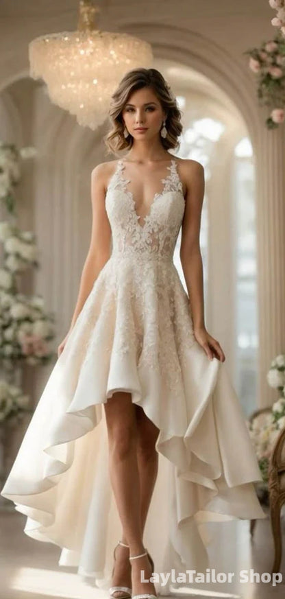 Elegant Ivory V-neck A-line High-Low Lace Wedding Dress