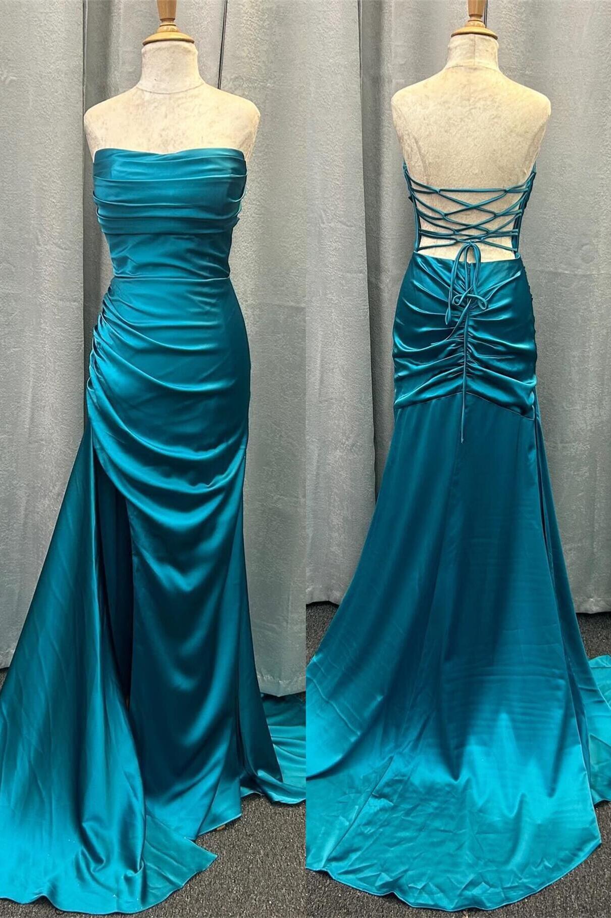 Ruched Teal Blue Satin Mermaid Prom Dress