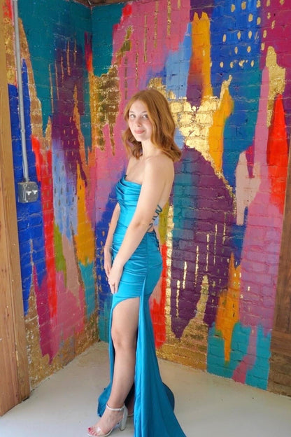 Ruched Teal Blue Satin Mermaid Prom Dress