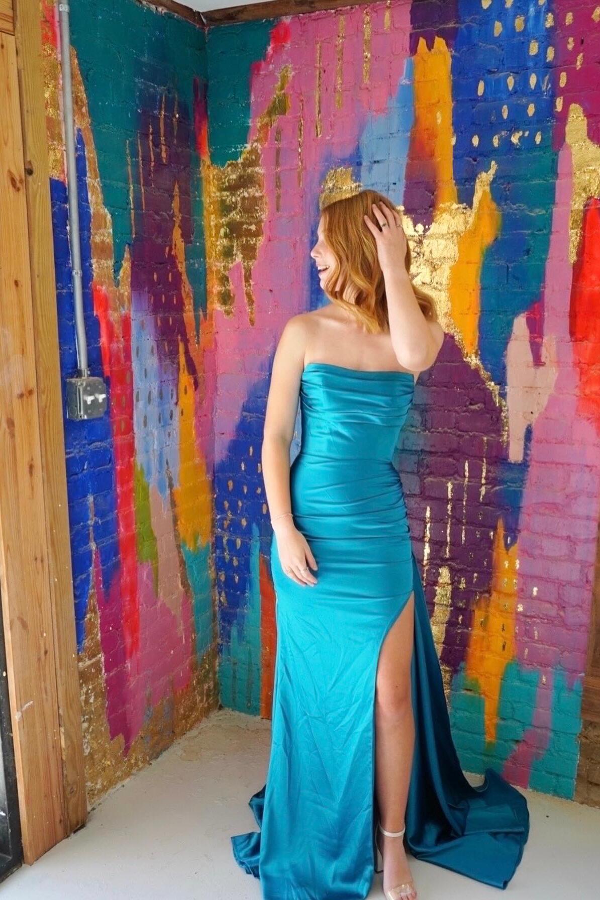 Ruched Teal Blue Satin Mermaid Prom Dress
