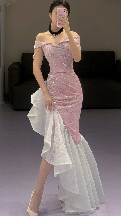 Super Sweet Bodycon Party Dress Off The Shoulder Irregular Pink Glitter Prom Dresses,LTP4348