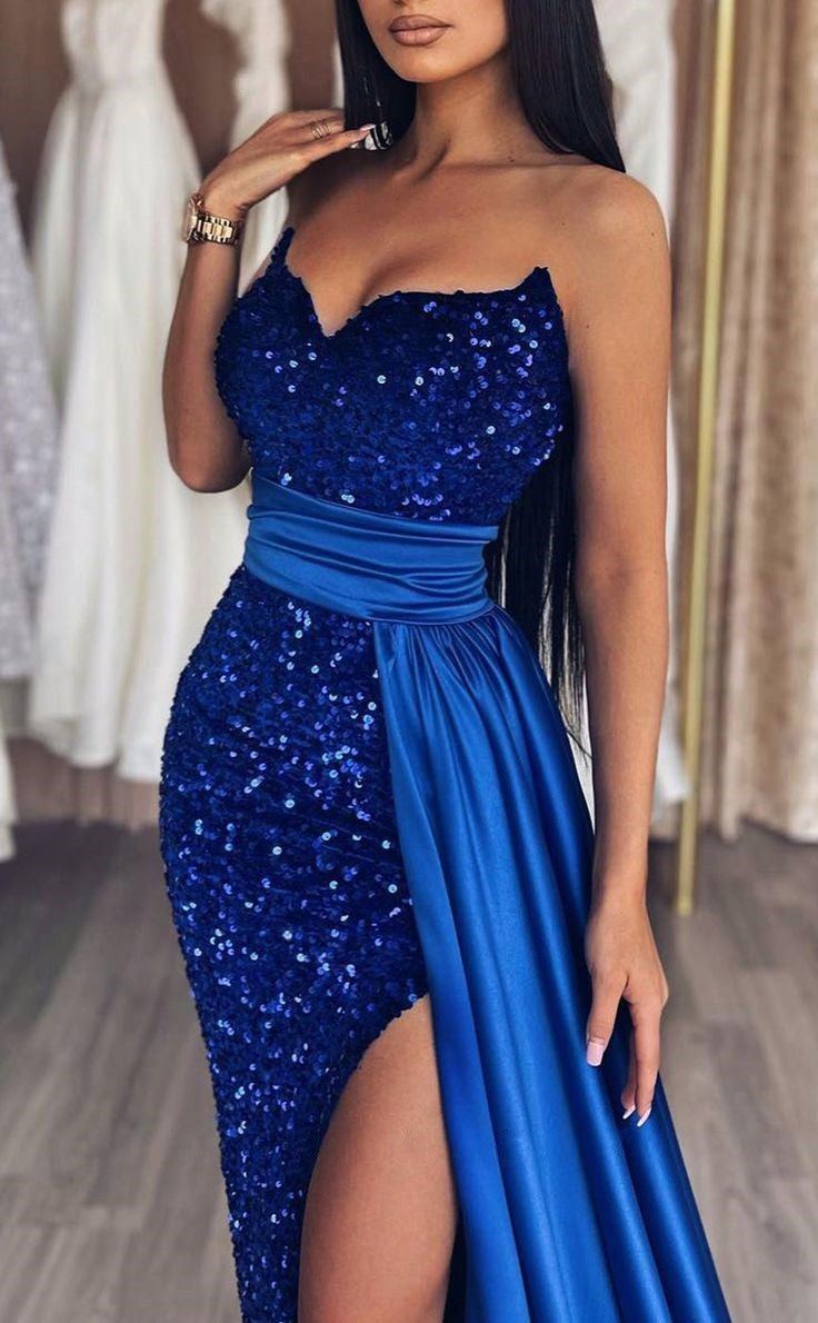 Royal Blue Mermaid Sequin Prom Dresses With Sash