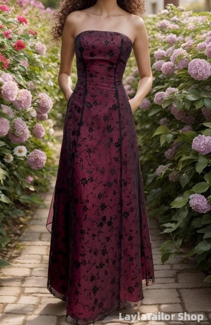 1980'S Burgundy Lace Strapless Sheath Long Prom Dress, Vintage Evening Formal Gown, LTP82804