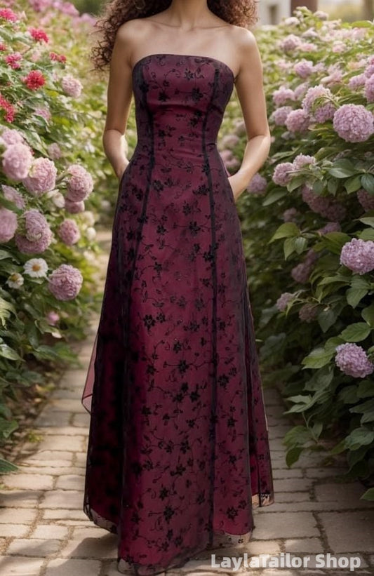 1980'S Burgundy Lace Strapless Sheath Long Prom Dress, Vintage Evening Formal Gown, LTP82804