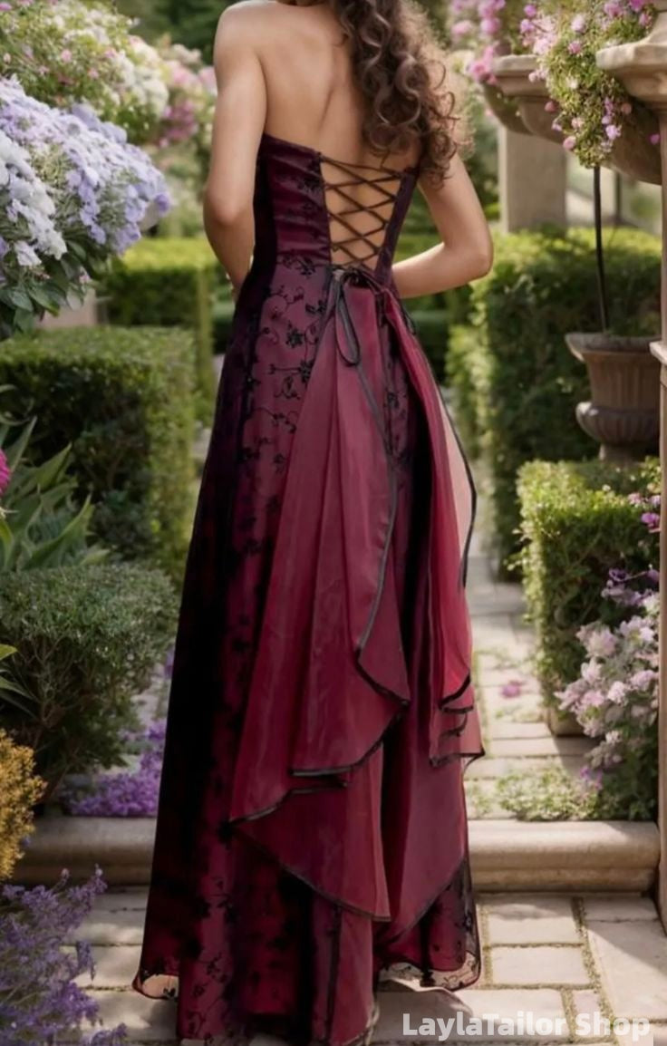 1980'S Burgundy Lace Strapless Sheath Long Prom Dress, Vintage Evening Formal Gown, LTP82804