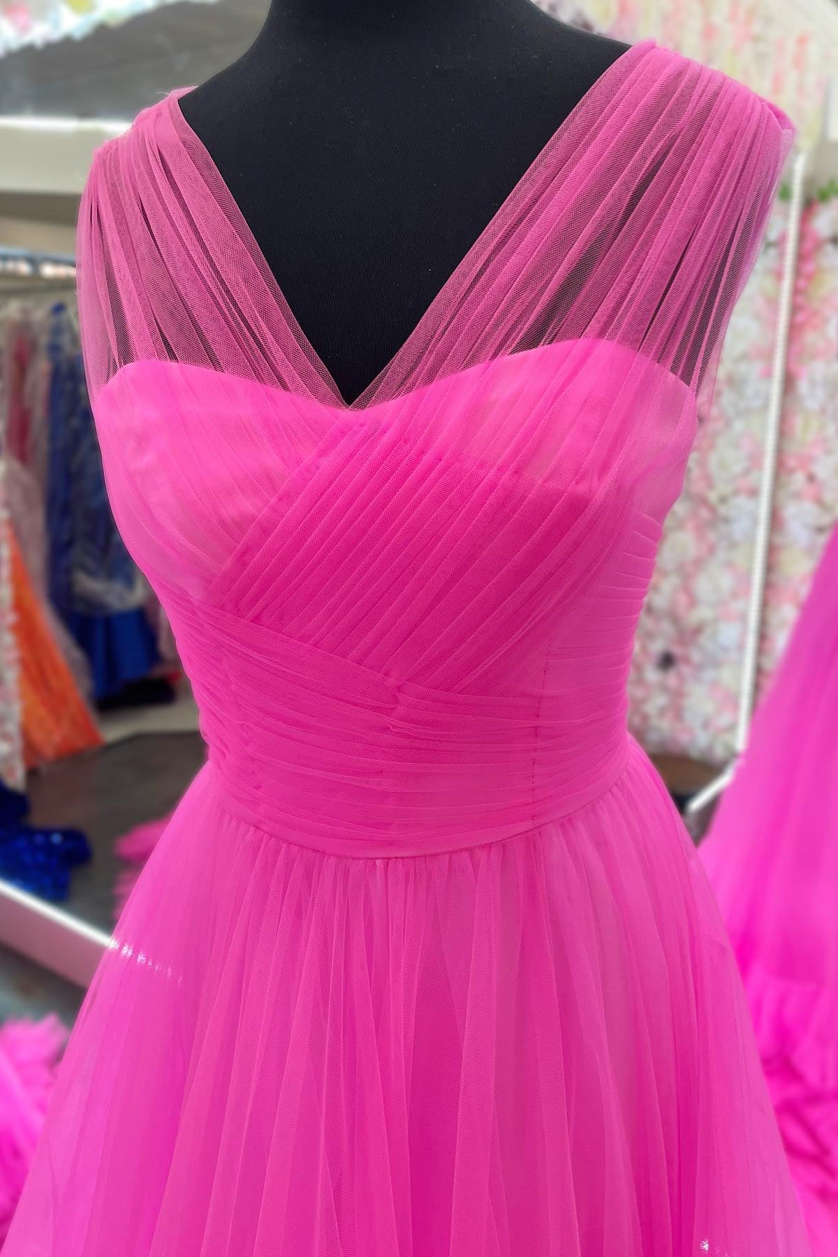 A-Line Hot Pink Tulle Long Evening Prom Dress