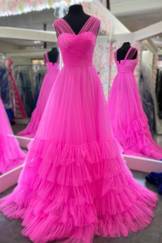 A-Line Hot Pink Tulle Long Evening Prom Dress
