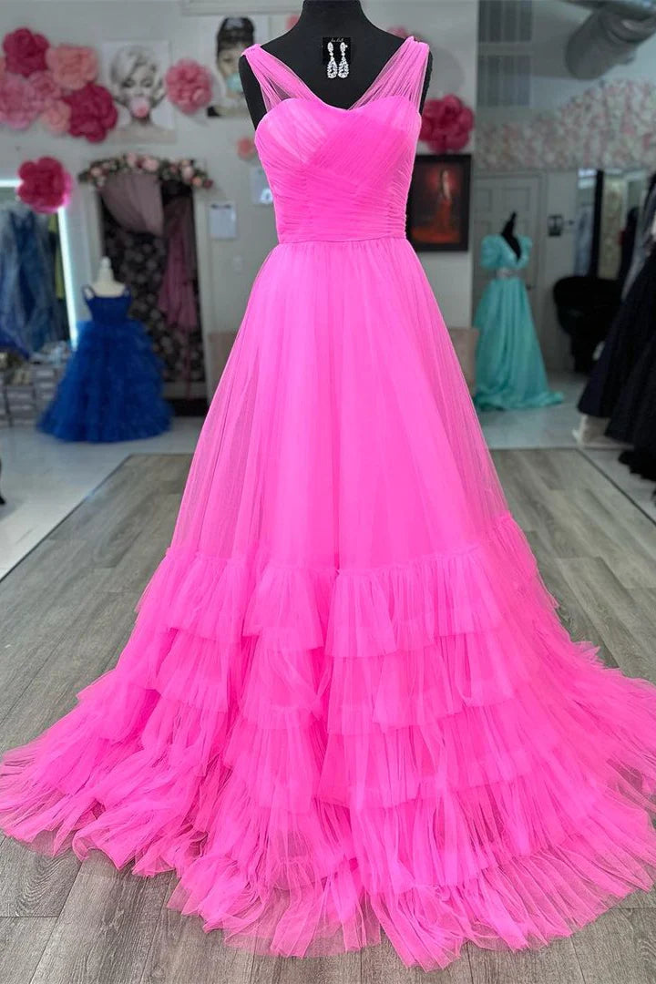 A-Line Hot Pink Tulle Long Evening Prom Dress
