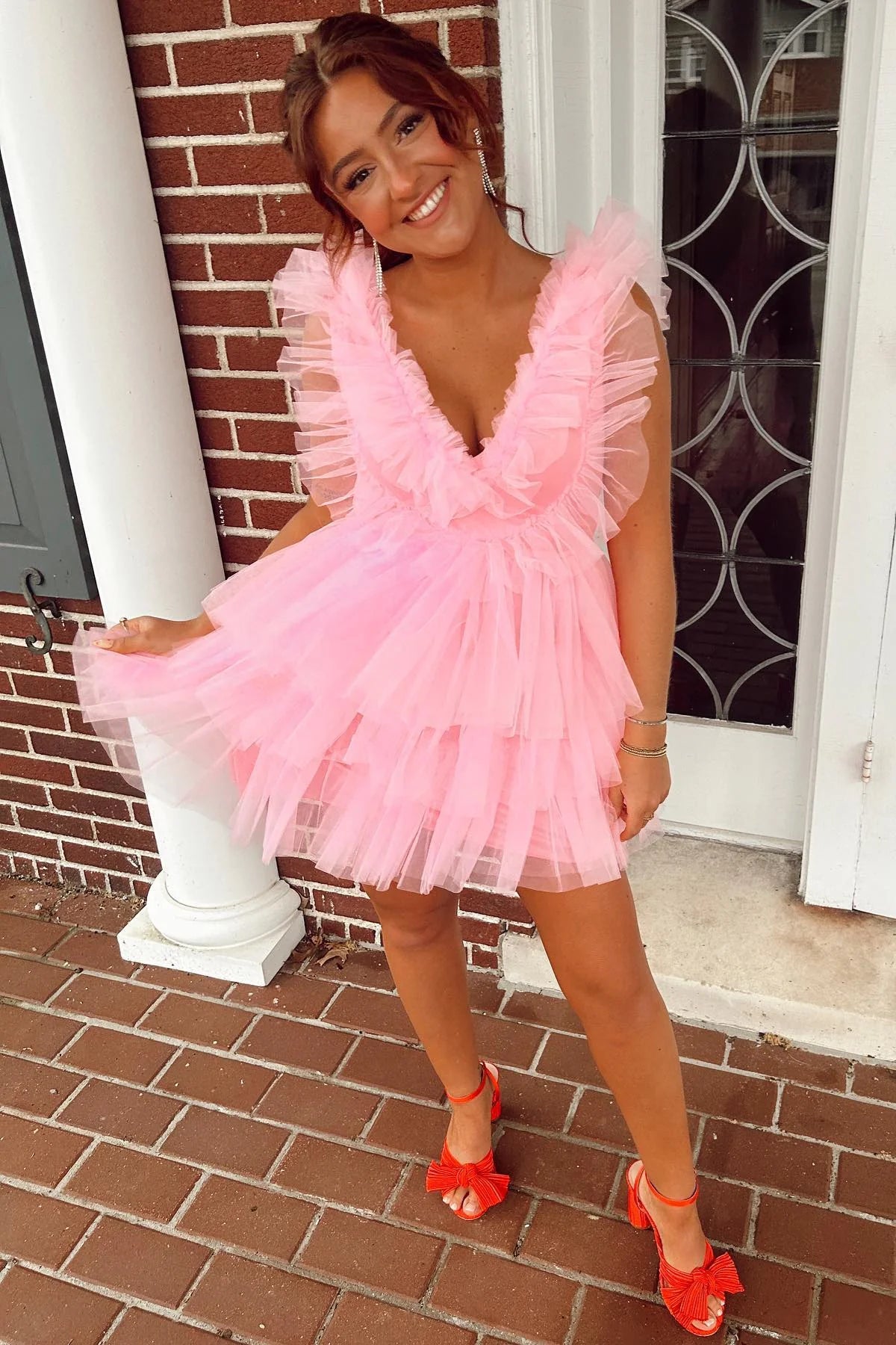 LTP1754, Sweet Pink Ruffles Homecoming Dress, Layers Plunging V Neck Homecoming Dress