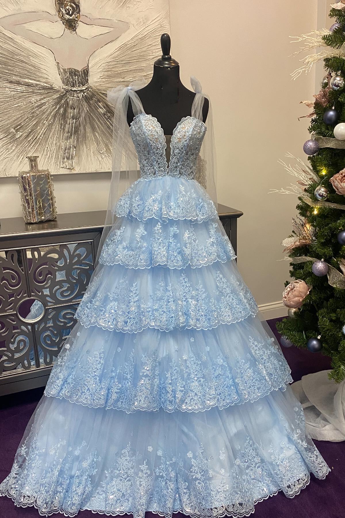 Light Blue Appliques Tiered Ruffle Prom Gown
