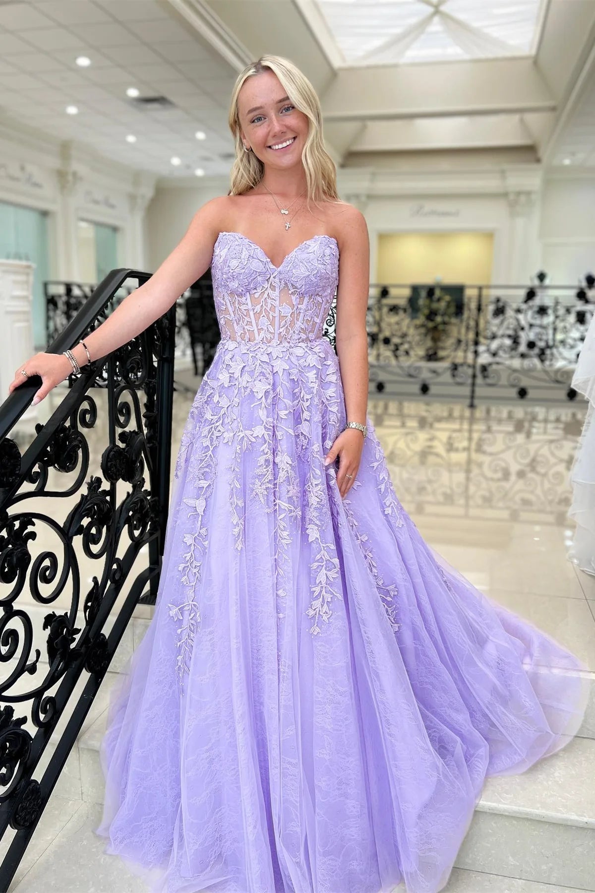 Sweetheart Lavender A-Line Lace Prom Dresses