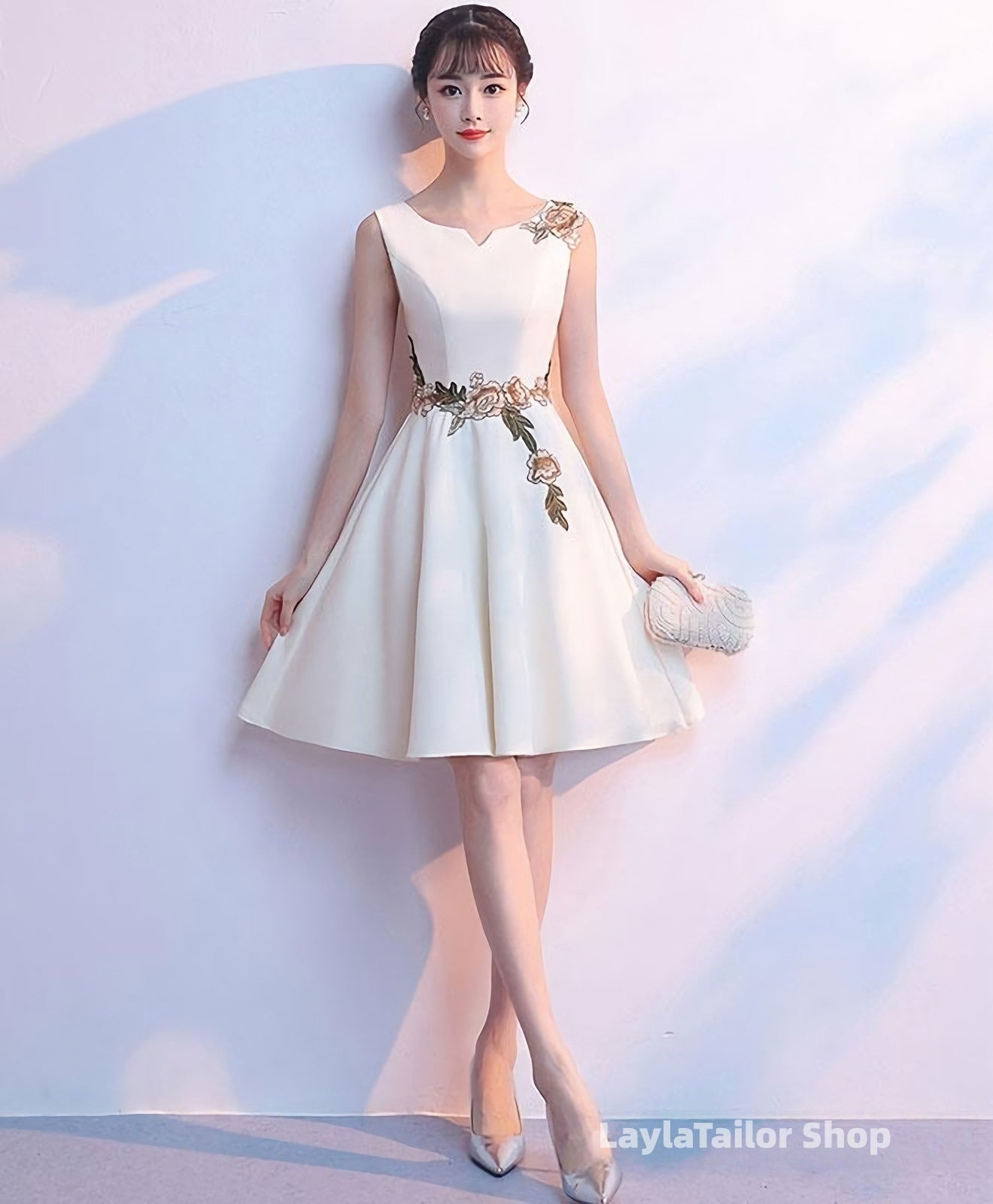 Simple White Satin Applique Short Prom Dress Cute Homecoming Dress