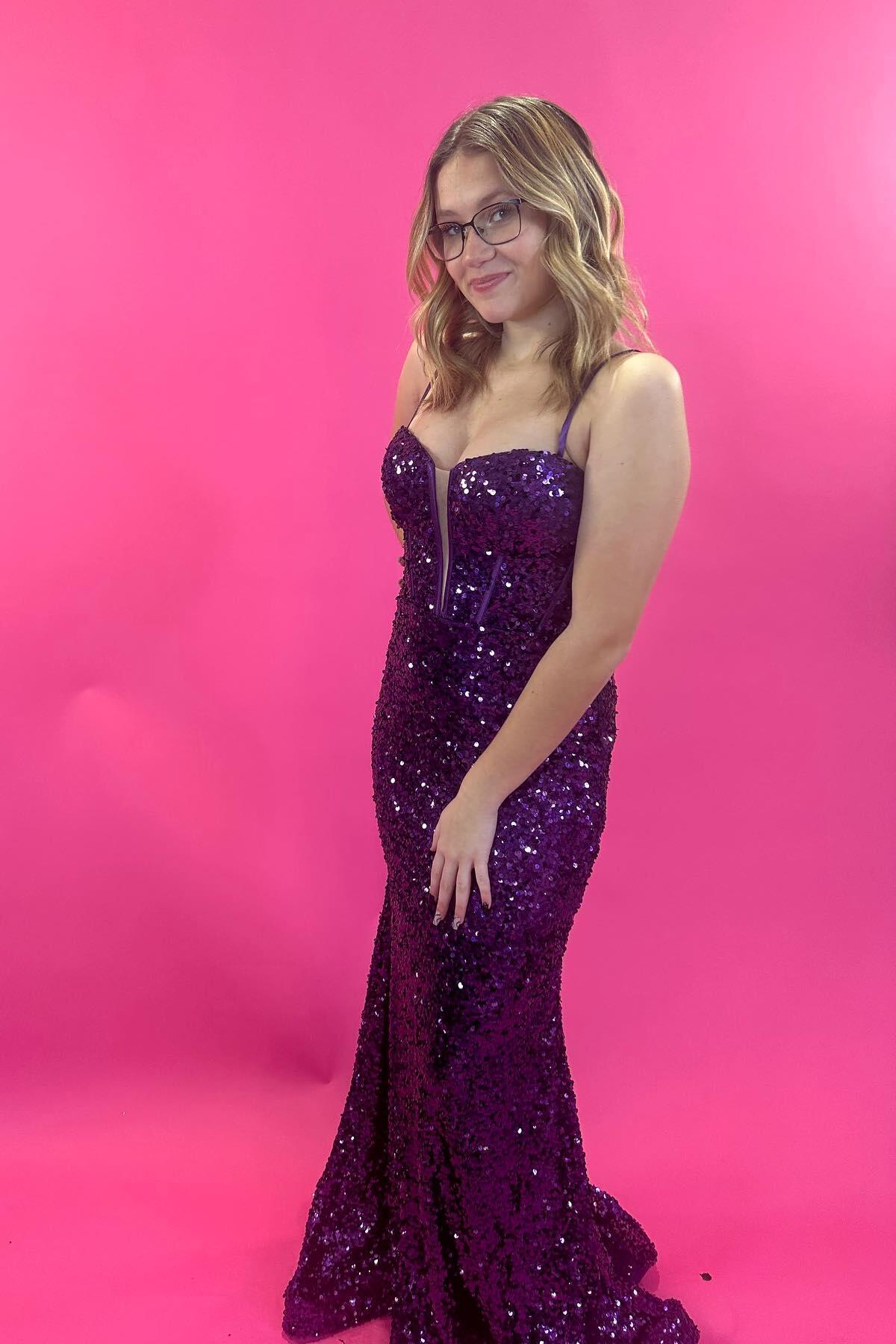 Straps Purple Sequin Long Party Dress