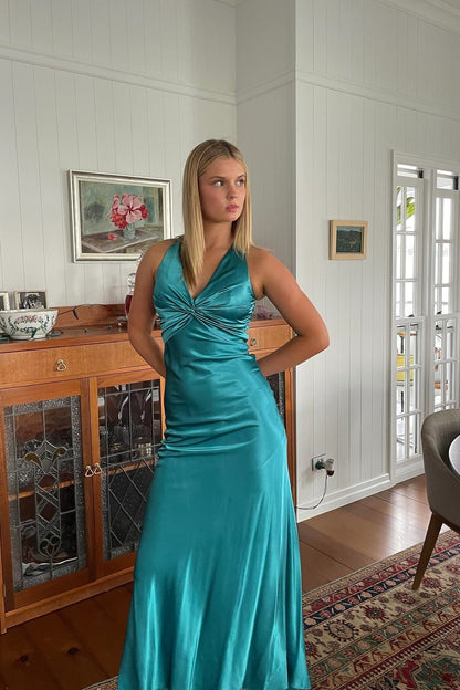 Chic Sheath Halter Neck Yellow Long Party Dress with Backless Bowknot