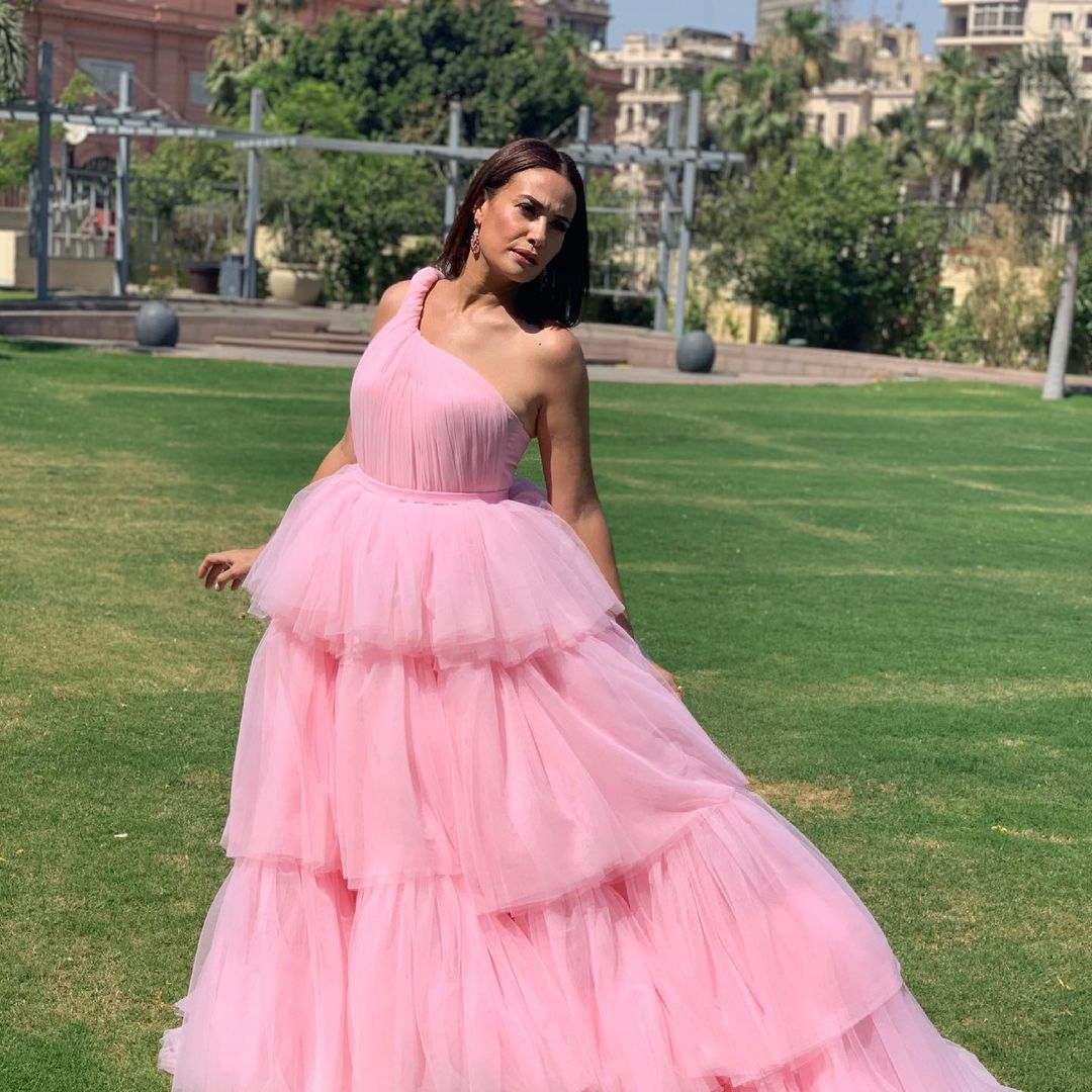 One Shoulder Light Pink Tulle Evening Prom Dress