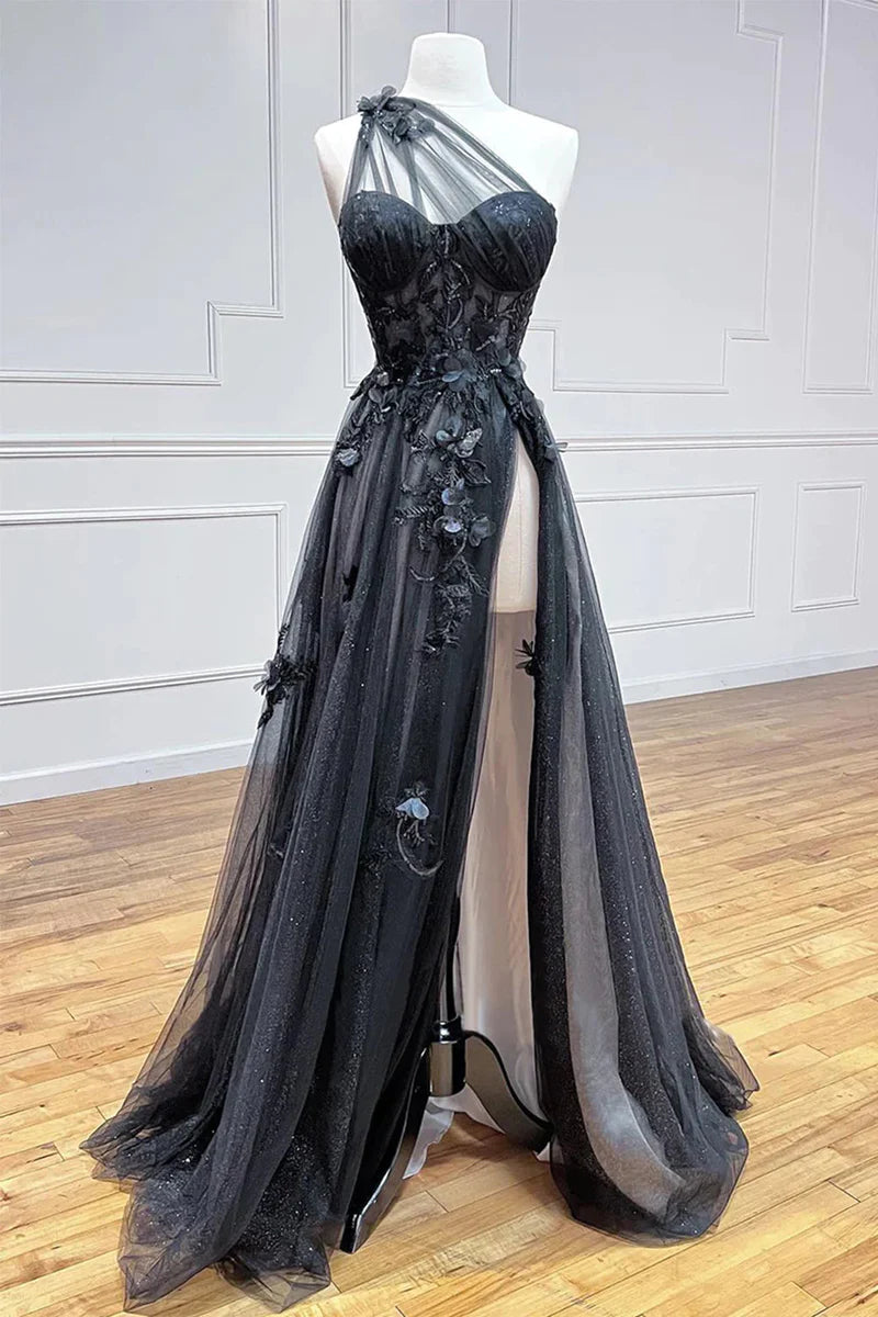 Black One Shoulder Floral Prom Dresses, Preppy Prom Dresses 2024 Laylatailor Shop Black One Shoulder Floral Prom Dresses, Preppy Prom Dresses 2024 Laylatailor Shop