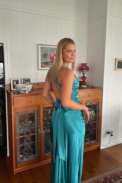 Chic Sheath Halter Neck Yellow Long Party Dress with Backless Bowknot