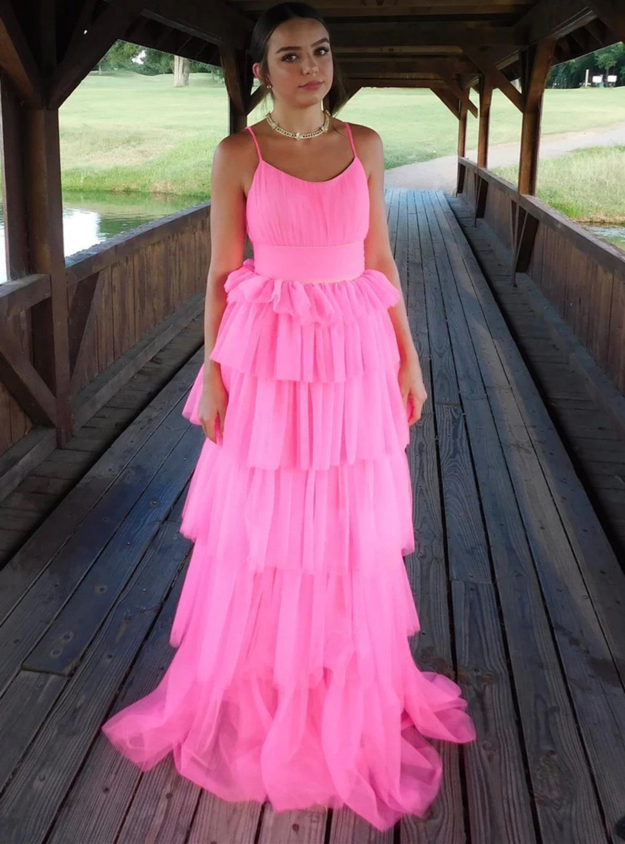 LTP1781,Unique A Line Light Pink Ruffles Layered Tulle Long Prom Dresses