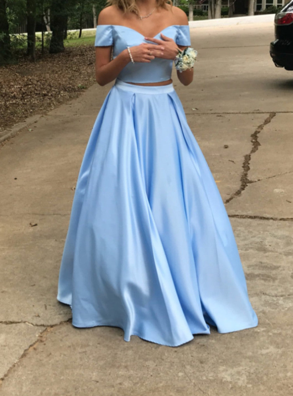 Sky Blue Two Piece Satin Off The Shoulder Long Prom Dresses