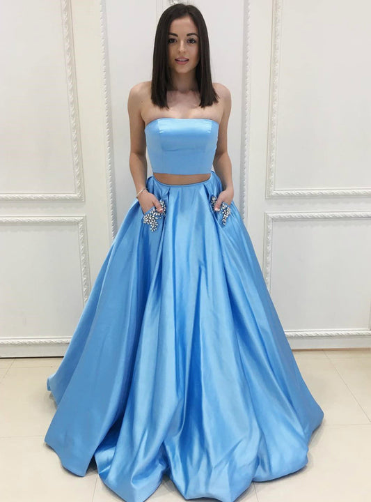 A-line Blue Two Piece Satin Floor Length Long Prom Party Dress