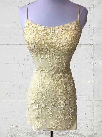 Sheath Spaghetti Straps Lace Short Homecoming & Cocktail Dresses