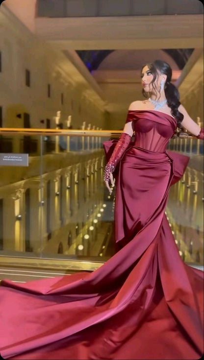 Burgundy One Shoulder Mermaid Bowknot Prom Dresses 2024