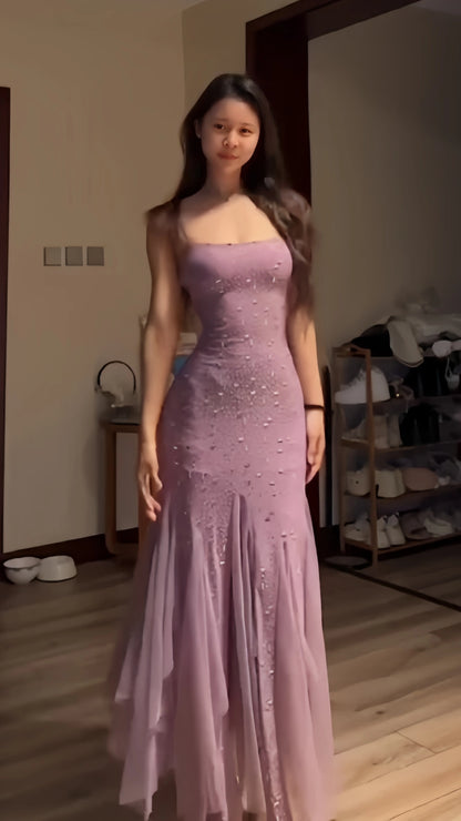 Dusty Rose Sequin Long Prom Dresses Sheath Party Dress,LTP3934