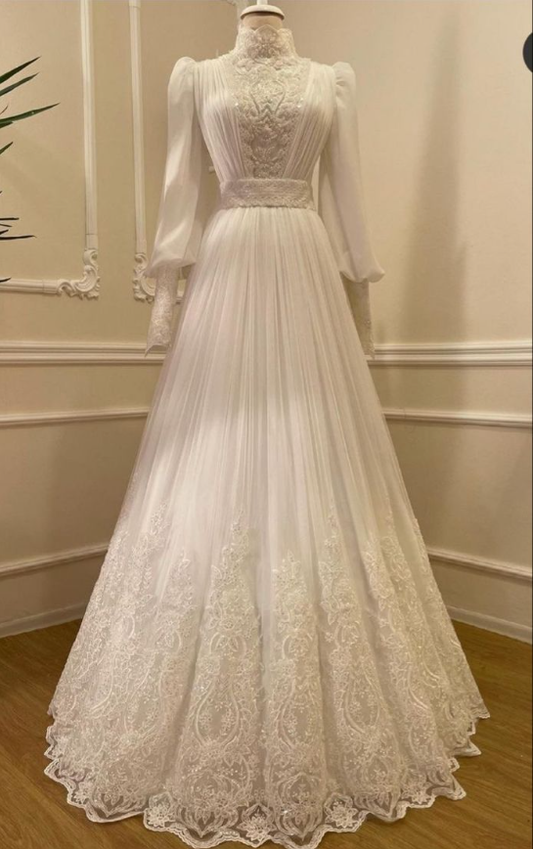 Vintage High Neck Long Sleeves Wedding Dress Modest Bridal Dress