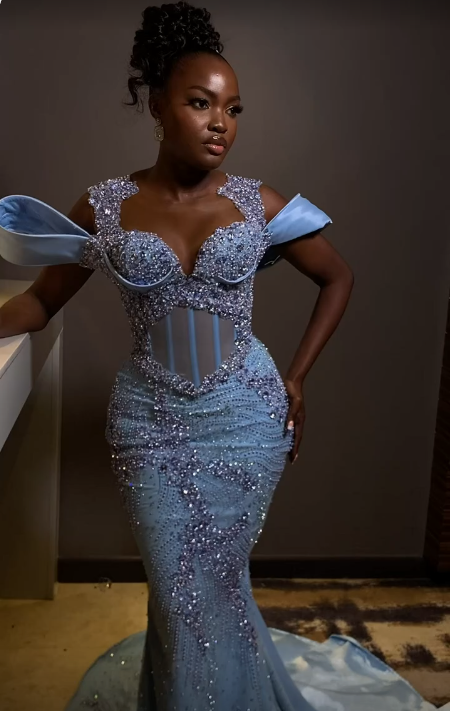 Sparkly Rhinestones Blue Mermaid Long Prom Dress Evening Dress